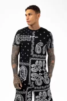 image of HYPE MENS BLACK PAISLEY PALM SCRIBBLE T-SHIRT