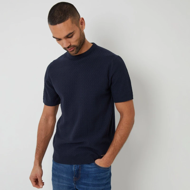 Image of Threadbare Textured Front Knitted T-Shirt - Blue Blue 2XL