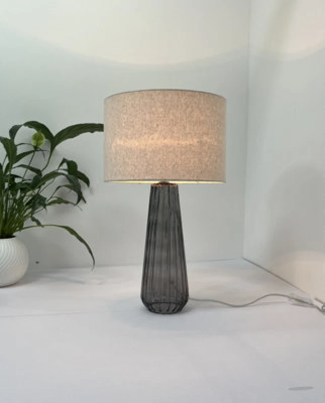 Image of K Living Palma Smoke Glass Table Lamp With Linen Shade Elegant Everyday Lighting Solution