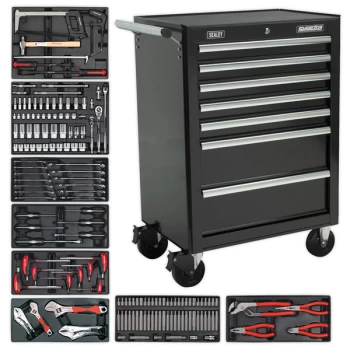Image of Rollcab 7 Drawer - Ball Bearing Slides - Black with 156pc Tool Kit