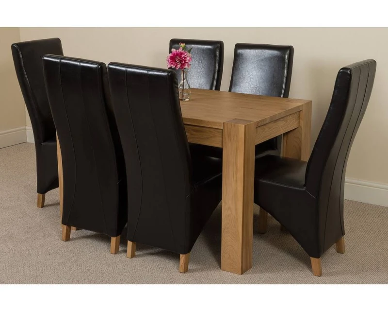 Image of Thats Furniture Kuba 125 x 80cm Chunky Oak Small Dining Table & 6 Lola Leather Chairs in Black Unisex 125 x 80 cm