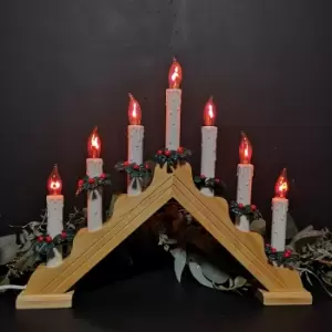 image of 40cm Premier Christmas Candlebridge with 7 Flickering Bulb in Light Wood Finish Mains Operated