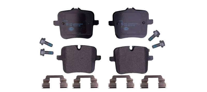 Image of HELLA 8DB 355 037-991 Brake pad set prepared for wear warning indicator, with accessories, with brake caliper screws Brake Pad Set,disc brake (402)