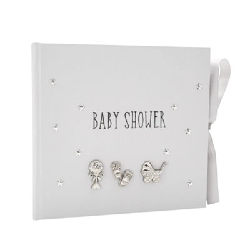 Image of Happy Homewares Baby Shower Photo Album With Silver Plated Rattle Pram And Booties
