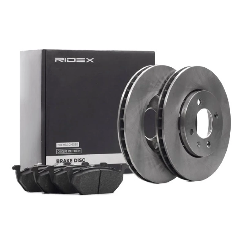 Image of RIDEX 3405B1128 Brake disc and pads set Front Axle, Brake Disc Type: Externally Vented, excl. wear warning contact, with anti-squeak plate Brake Set,