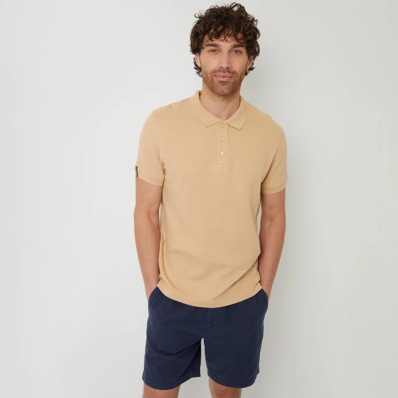 Image of Threadbare 'Caswell' Ottoman Rib Textured Cotton Polo Shirt Medium Beige