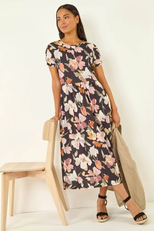 Image of Roman Womens Petite Floral Pocket Midi Dress Size: 14 Multicolor Female 14