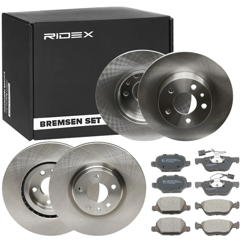 Image of RIDEX 3405B0368 Brake disc and pads set Rear Axle, Brake Disc Type: Solid, not prepared for wear warning indicator Brake Set,disc brakes (3405)