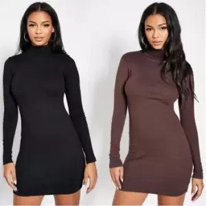 I Saw It First 2 Pack Cotton Rib Roll Neck Mini Dress - Brown