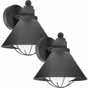 Image of 2 pack IP44 Outdoor Wall Light Black Cage Fisherman Shade 40W E27 Porch Lamp