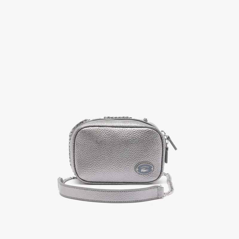 Image of Lacoste Top Grain Leather Square Shoulder Bag - Silver Silver One Size