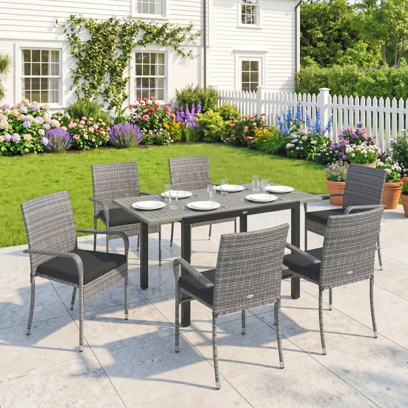 Image of OUTSUNNY 6 Seater Rattan Garden Furniture Set with Stackable Chairs in Light Grey Size: 150cm x 80cm Light Grey Unisex 150cm x 80 cm