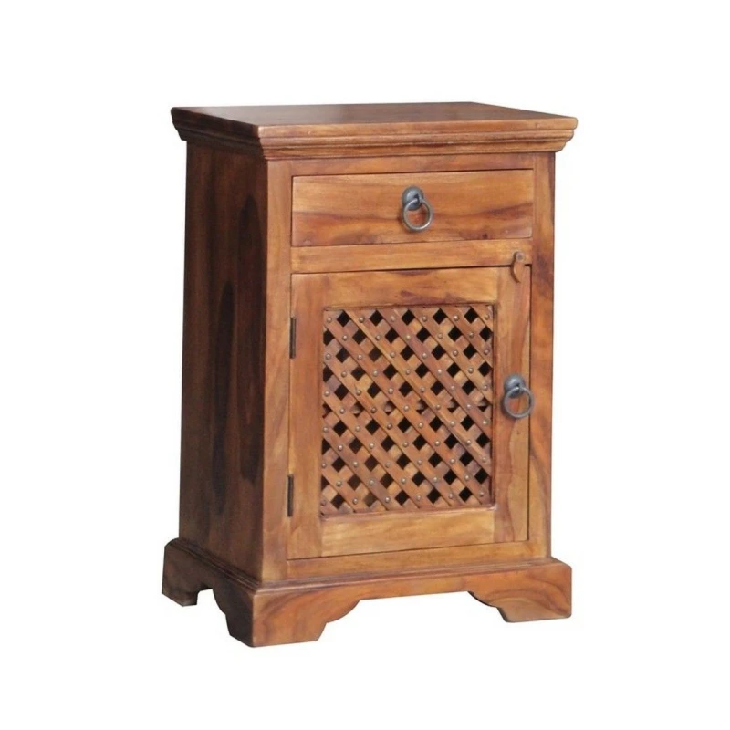 Image of Jaipur Furniture Ltd Ganga Latic Jali Bedside with Left Side Door - Sheesham Wood - L31 x W45 x H65cm - Honey Dark Finish in Brown Brown Unisex