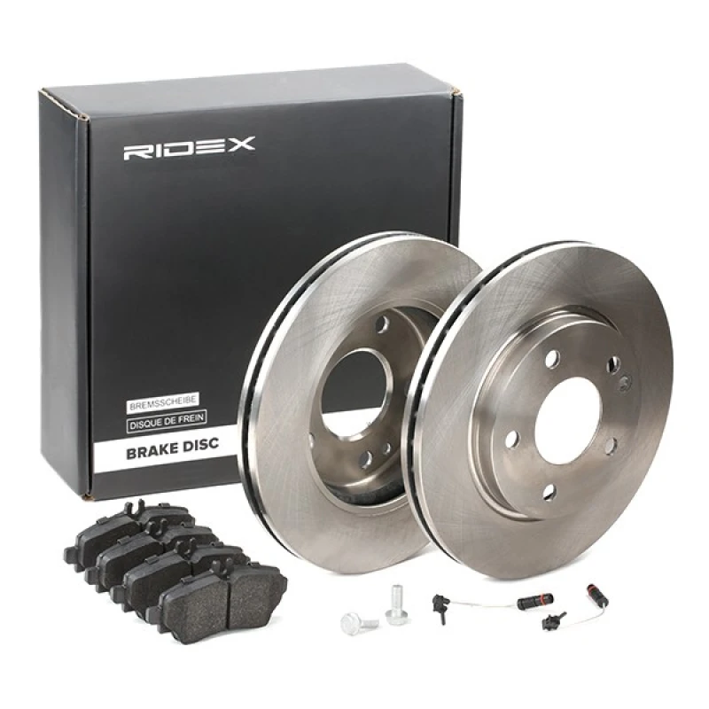 Image of RIDEX 3405B0269 Brake disc and pads set Front Axle, Brake Disc Type: Vented, excl. wear warning contact Brake Set,disc brakes (3405)