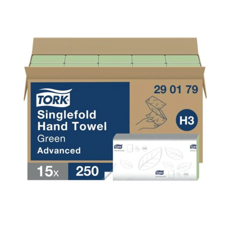 Image of Tork Singlefold Hand Towels 230x248mm 2-Ply Green (3750 Pack) 290179