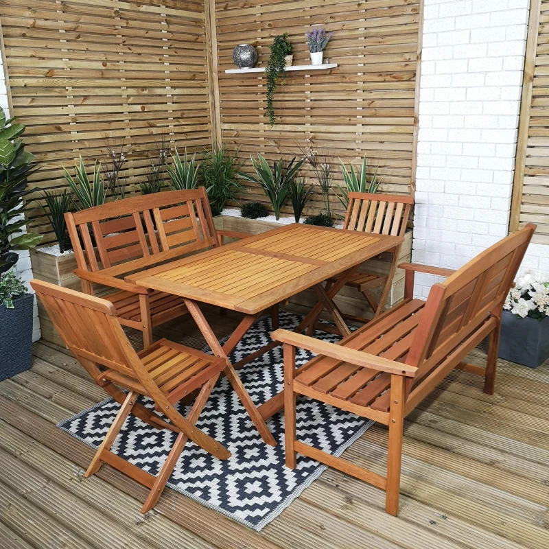 Image of Outdoor 6 Person Folding Rectangular Wooden Garden Patio Dining Table Chairs and 2 Benches Set
