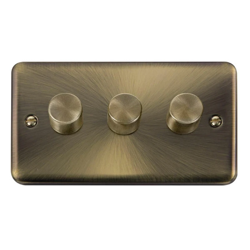 Image of SE Home Curved Antique Brass 3 Gang 2 Way LED 100W Trailing Edge Dimmer Light Switch Gold
