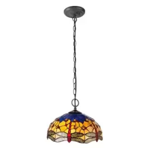 Image of 2 Light Downlighter Ceiling Pendant E27 With 40cm Tiffany Shade, Blue, Orange, Crystal, Aged Antique Brass - Luminosa Lighting