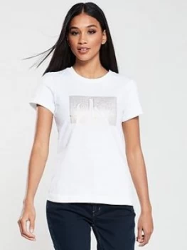 Image of Calvin Klein Jeans Distressed Monogram Short Sleeve T-Shirt - Multi, White/Gold, Size XL, Women