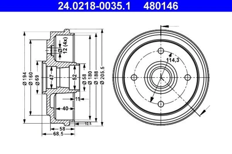 Image of ATE 24.0218-0035.1 Brake Drum 205,5mm, without ABS sensor ring Brake Drum (123)