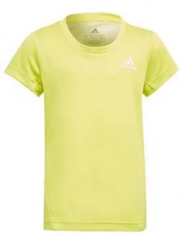 Image of adidas Girls Junior AEROREADY 3-Stripes T-Shirt - Yellow/White, Yellow/White, Size 4-5 Years, Women