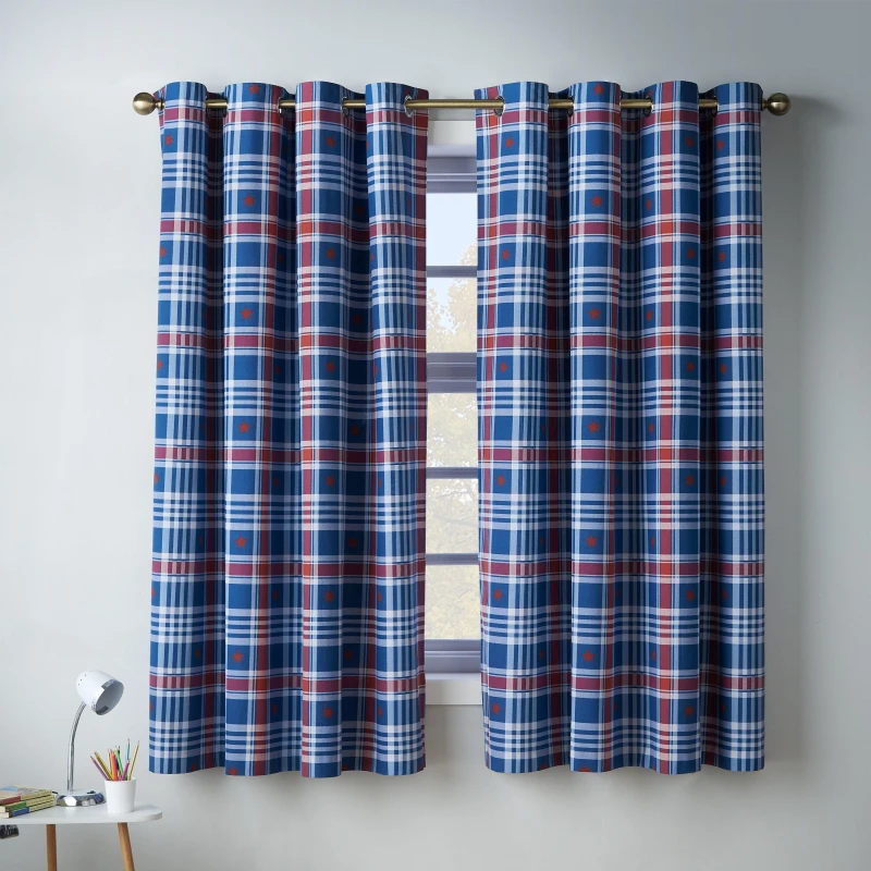 Image of Catherine Lansfield Stars And Check Ready Made Eyelet Curtains 66 x 72 Blue