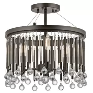 Image of 3 Bulb Semi Flush Light Black Metal Rods/Clear Glass Tubes Beads LED E14 60W