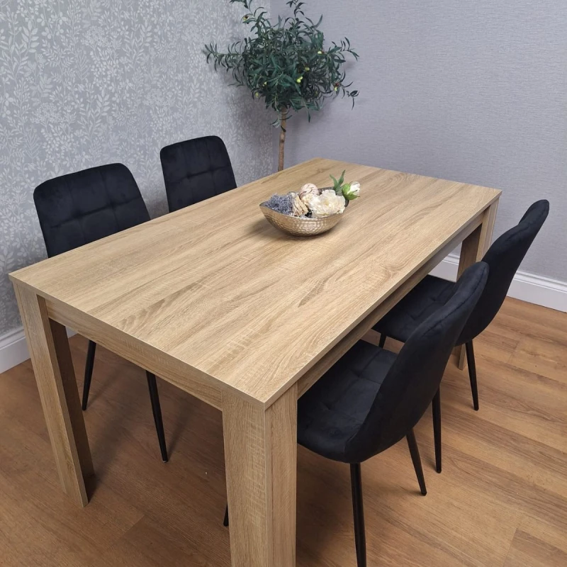 Image of KOSY KOALA Kosy Koala - Dining Table and 4 Chairs Oak Effect Wood 4 Black Velvet Chairs Dining Room Oak table 140 + 4 Black rocco