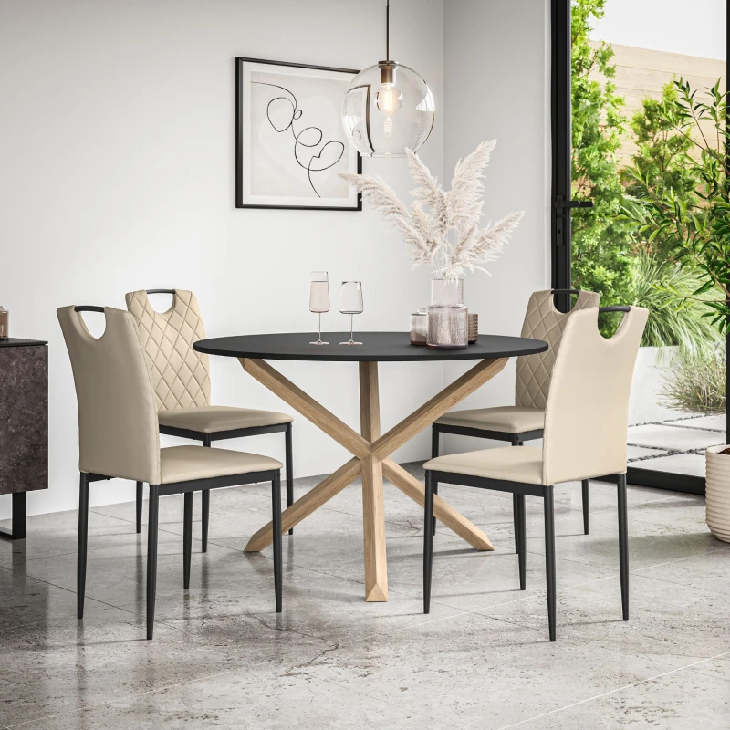 Image of More4Homes Malvern Round Dining Table & Chairs - Black Table Top w Solid Oak Legs + Monza Faux Leather Dining Chair Set Of 4 in Beige Beige Unisex