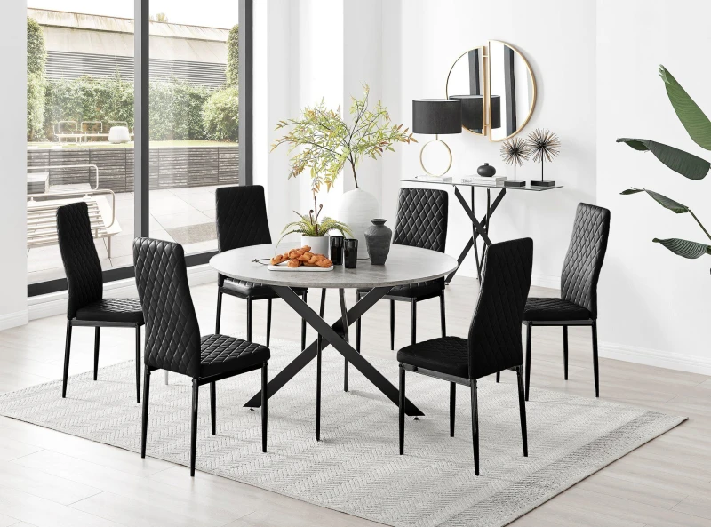 Image of FurnitureboxUK FurnitureboxUK Novara Grey Concrete Effect Black Leg 120cm Round Dining Table & 6 Velvet Milan Black Leg Chairs Black One Size Unisex 5