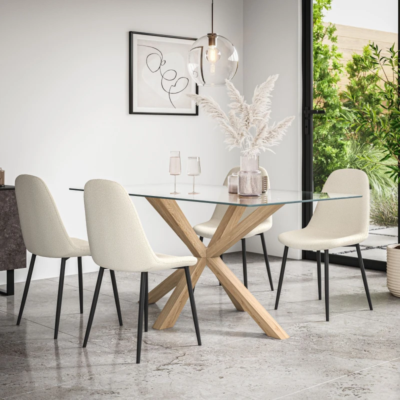 Image of More4Homes Etta Glass Dining Table And Chairs - Glass Top W Solid Oak Legs + Maya Boucle Dining Chair Set Of 4 (Ivory White)