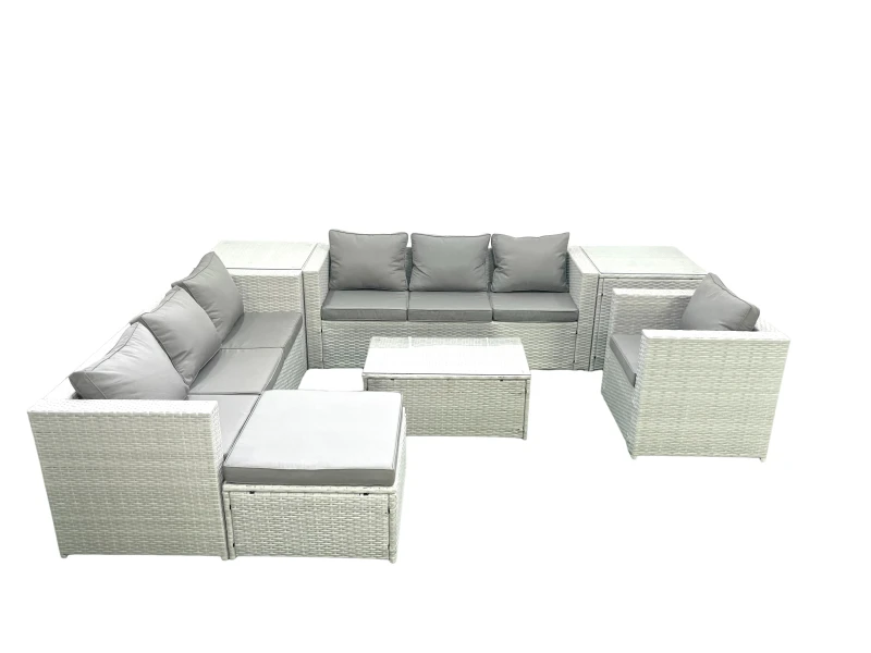 Image of Fimous Wicker PE Rattan Sofa Garden Furniture Set with Armchair Oblong Coffee Table Big Footstool 2 Side Tables Light Grey Mixed Light Grey