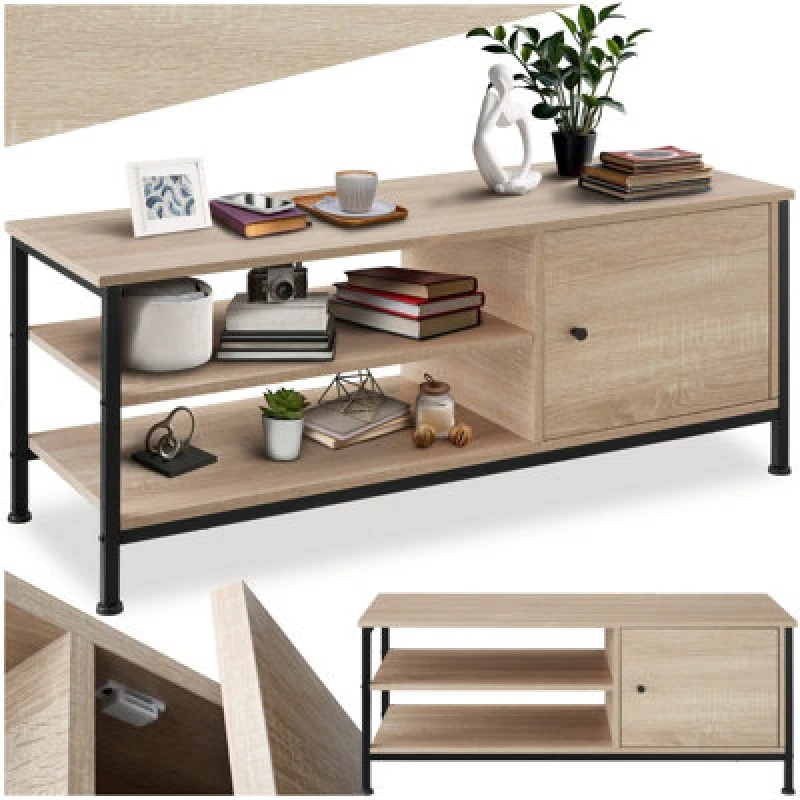 Image of Tectake TV Stand Durban - Lowboard Cabinet With 3 Shelves, Cupboard Section With Door 110 Cm - Industrial Wood Light, Oak Sonoma