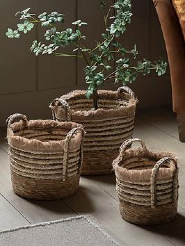 Image of Crossland Grove Boheme Fringed Woven Basket Brown Stripe Set Of 3, Brown 5056693592112