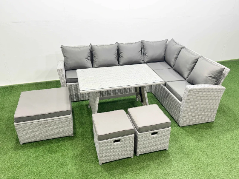 Image of Fimous 9 Seater Garden Outdoor Rattan Furniture Set Dining Table Sets in Light Grey Light Grey Unisex