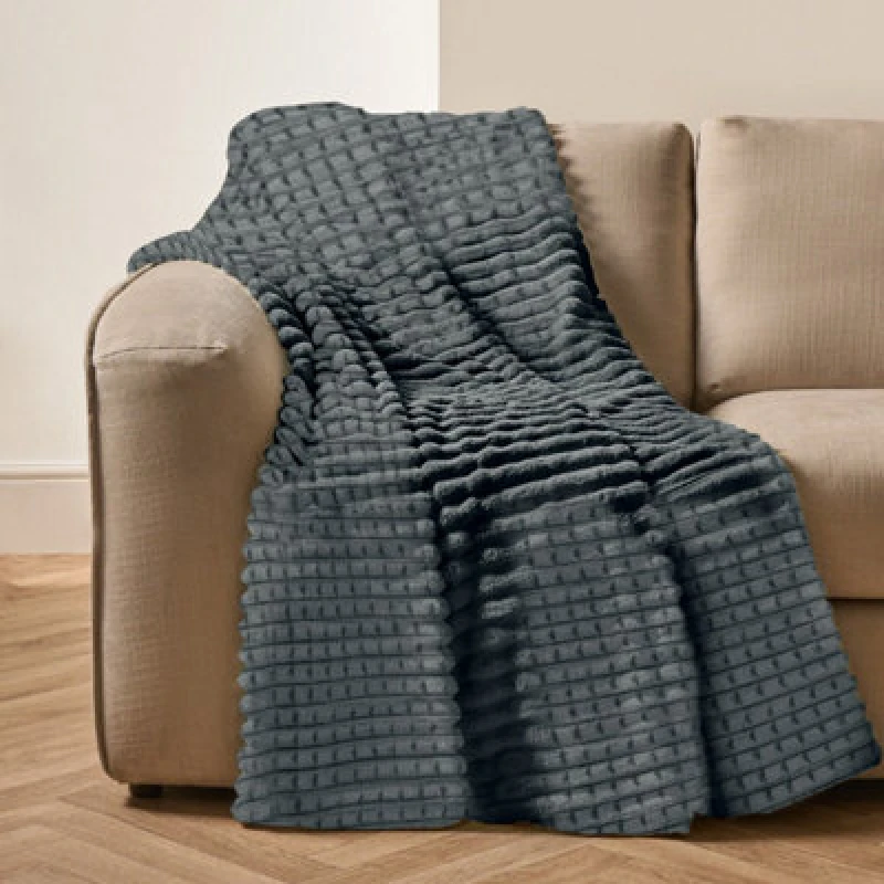 Image of Velosso Elegant Waffle Style Ribbed Thermal Plush Throw - Cosy Winter Embossed Fur Blanket For Sofa, Bed - 200Cm X 240Cm - Charcoal