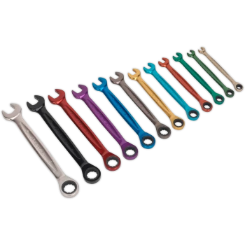 image of Sealey 12 Piece Multi-Coloured Combination Ratchet Spanner Set