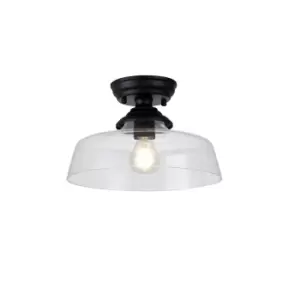 image of Dresden Flush Ceiling Lamp E27 With Flat Round 30cm Glass Shade Matt Black, Clear