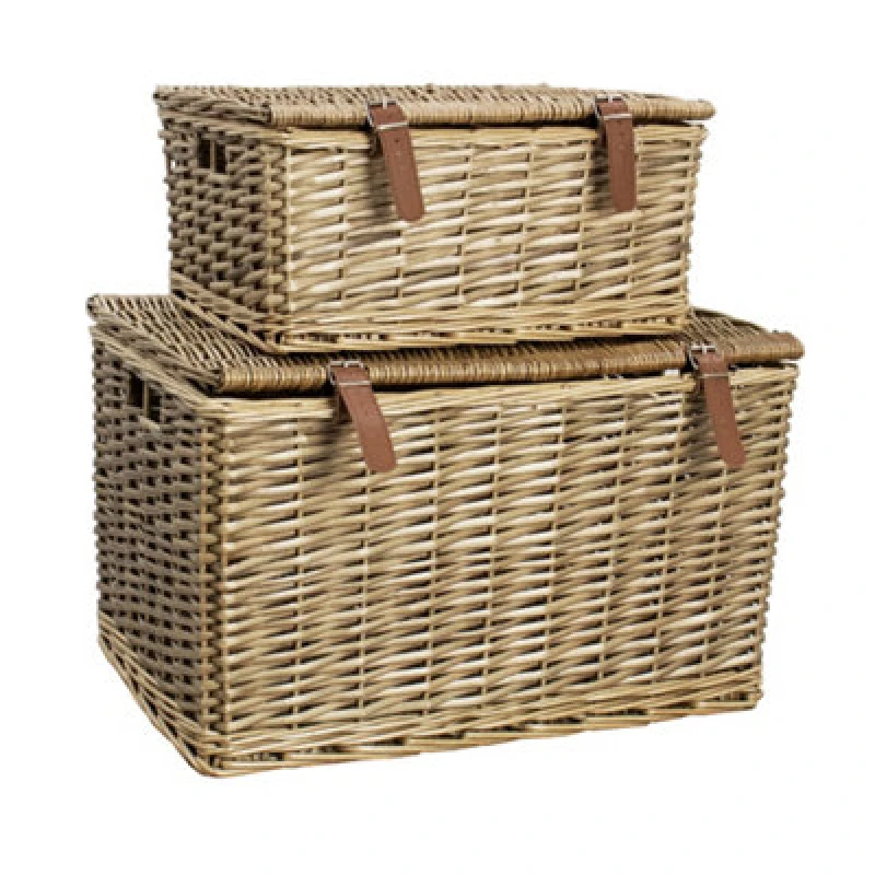 Image of JVL JVL Handmade Buff Wicker Hampers with Faux Leather Straps, Set of 2 Brown