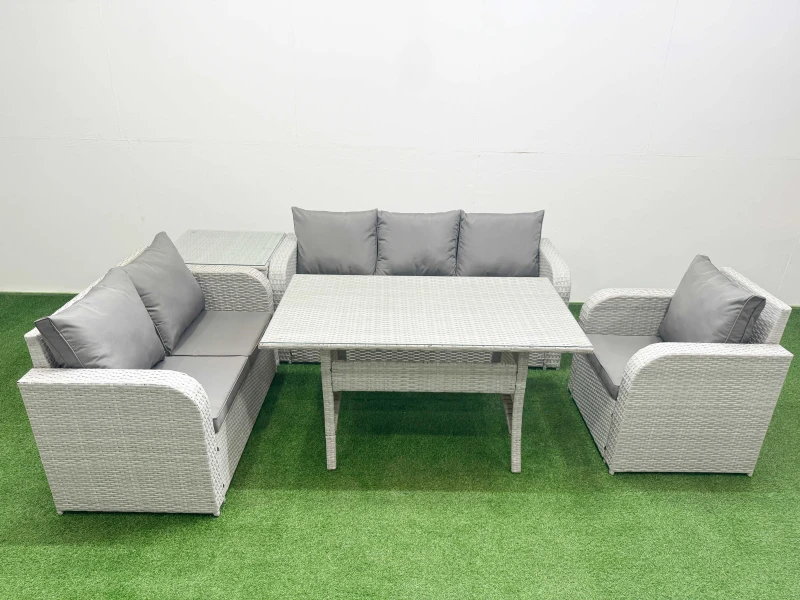 Image of Fimous Patio PE Wicker 6 Seater Outdoor Rattan Furniture Sofa Sets with Rectangular Dining Table Reclining Chair Loveseat Sofa 3 Seater Sofa Side Tabl