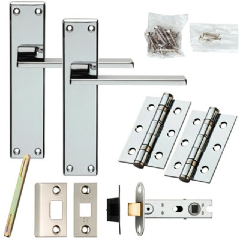 Image of Loops Door Handle & Latch Pack Chrome Sleek Flat Lever Backplate Full Set 180 x 40mm Multi