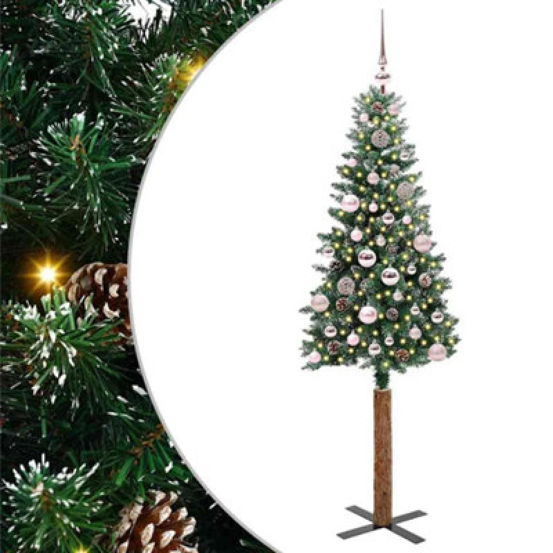 Image of vidaXL Slim Christmas Tree with 150 LEDs, Pink Balls Green and White 150 cm, Green 3394888
