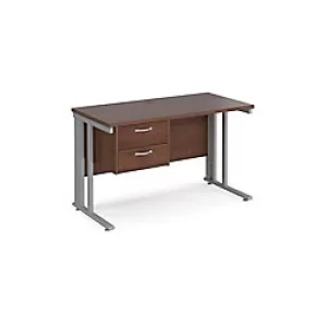 Image of Rectangular Straight Desk Walnut Wood Cable Managed Legs Silver Maestro 25 1200 x 600 x 725mm 2 Drawer Pedestal