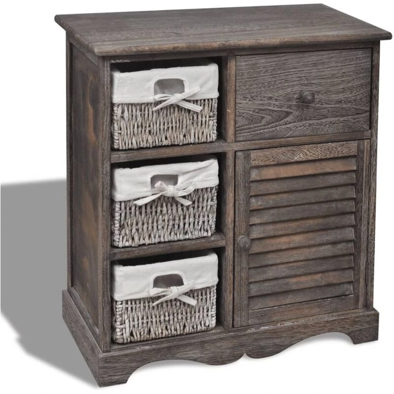 Image of vidaXL Wooden Cabinet 3 Left Weaving Baskets Brown Storage Organiser Sideboard