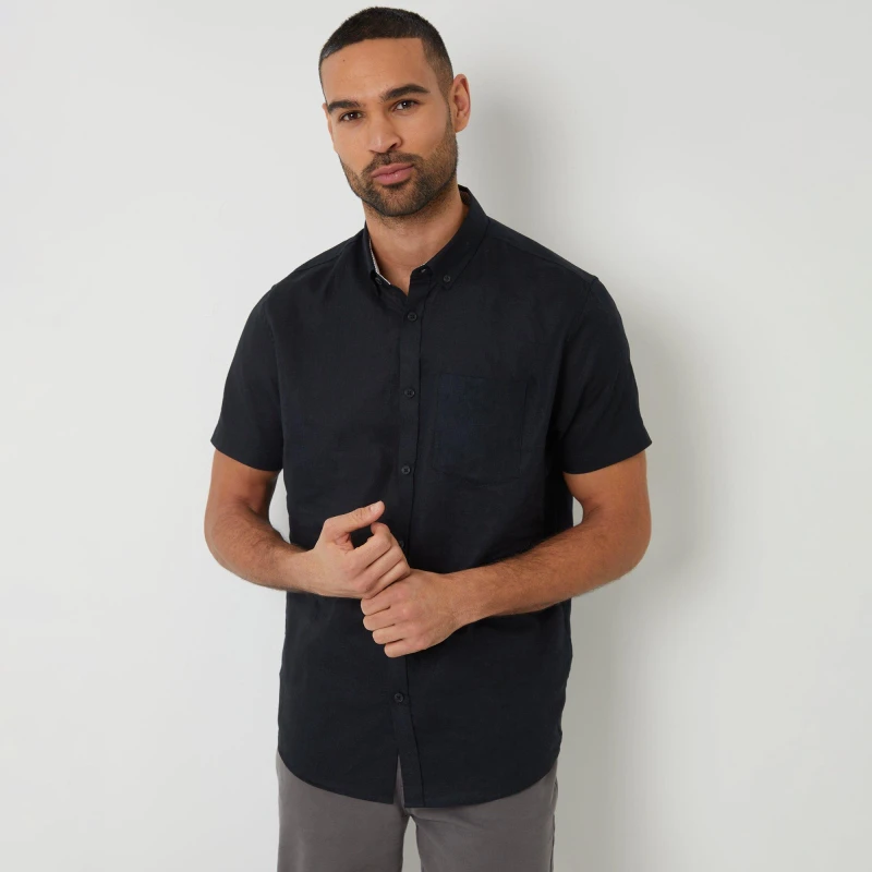 Image of Threadbare 'Dragon' Cotton-Linen Blend Short-Sleeve Shirt Black