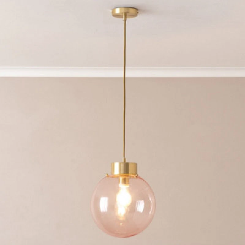 Image of ValueLights ValueLights Frenchie Pink Glass Globe Brushed Gold Capped Ceiling Pendant Light with Bulb in Pale Pink Pale Pink One Size Unisex 505940606