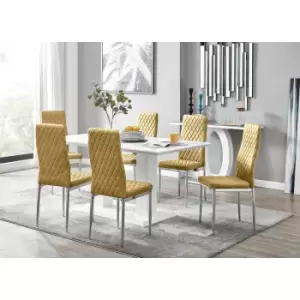 Image of Furniturebox UK - Furniturebox Imperia 6 High Gloss White Modern Dining Table and 6 Mustard Milan Faux Leather Dining Chairs With Silver Legs Diamond