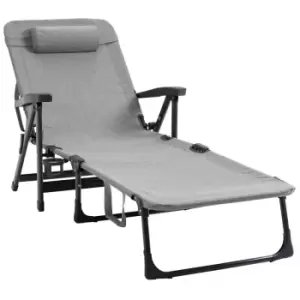 image of Outsunny Folding Sun Lounger w/ 7-Reclining Position Sleeping Bed with Pillow - Light Grey