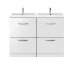 image of Nuie Athena 1200 Floor Standing 4-drawer Vanity & Polymarble Double Basin - Gloss White