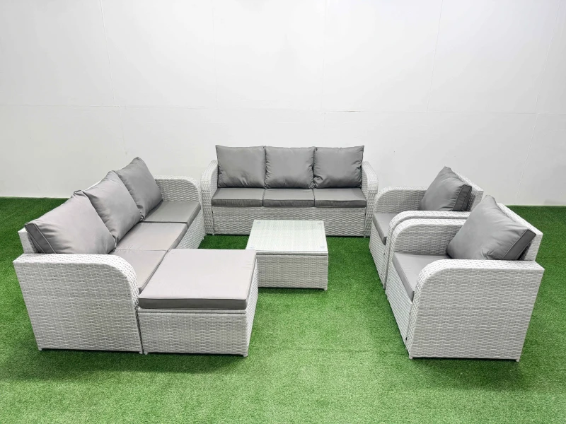 Image of Fimous PE Rattan High Back Lounge Sofa Set Patio Square Coffee Table & Chairs Set with 3 Seater Sofa Reclining Chair Big Footstool Light Grey Light Gr